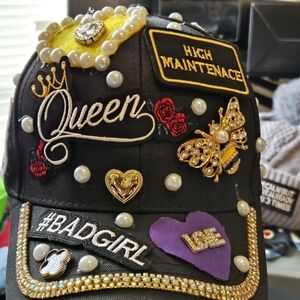 Embellished Black "Queen" Baseball Cap with Pearls & Patches